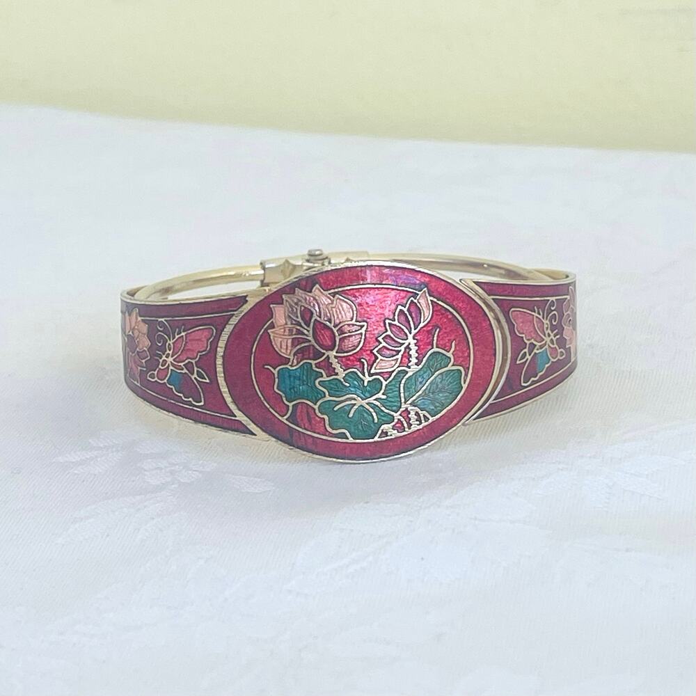 Vtg 80s Cloisonné Enamel Floral Butterfly Bangle Bracelet Hinged Gold Tone
